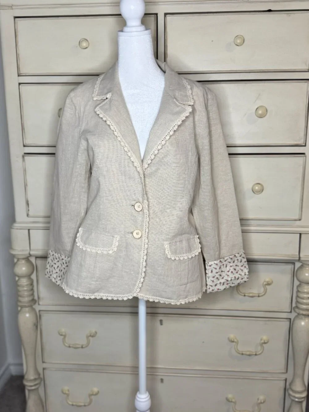 Anthropologie (Nick & Mo) Beige Linen Blend Crochet Trim Blazer - M NWT - Picture 4 of 16